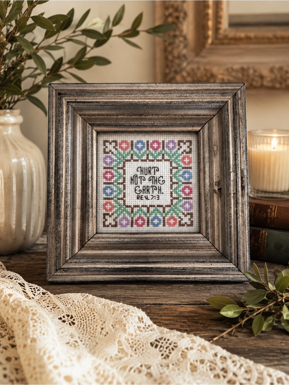 Vintage Framed Cross Stitch Bible Verse Cottagecore Grandmillennial Wall Decor